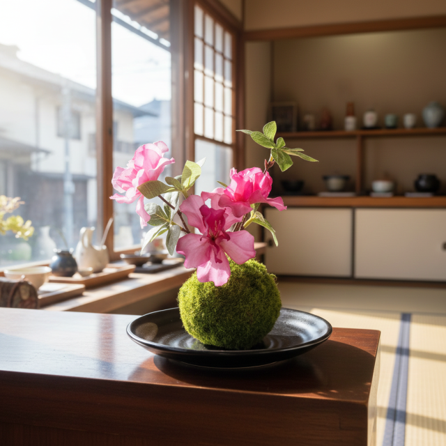 【造花 観葉植物 インテリアグリーン】こけ玉 和アレンジW（下皿付き）