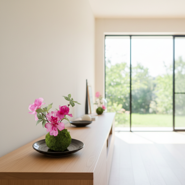 【造花 観葉植物 インテリアグリーン】こけ玉 和アレンジW（下皿付き）