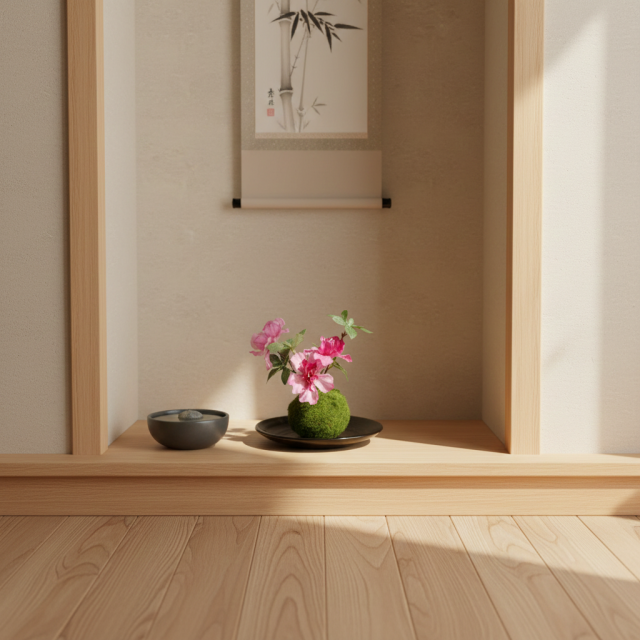 【造花 観葉植物 インテリアグリーン】こけ玉 和アレンジW（下皿付き）