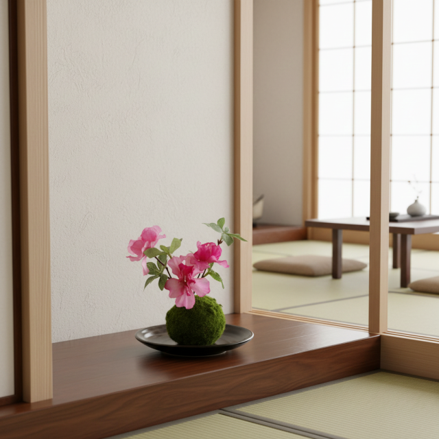 【造花 観葉植物 インテリアグリーン】こけ玉 和アレンジW（下皿付き）