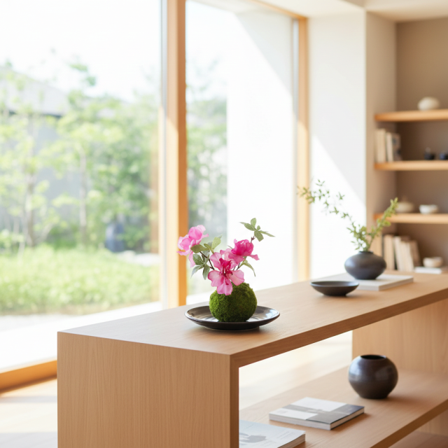 【造花 観葉植物 インテリアグリーン】こけ玉 和アレンジW（下皿付き）