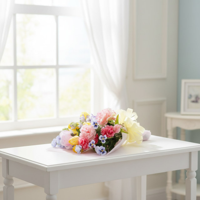 【一点もの】造花 花束｜ラグジュアリー アーティフィシャルフラワー ブーケ（チューリップ・ピオニー・カーネーション）特別な贈り物に