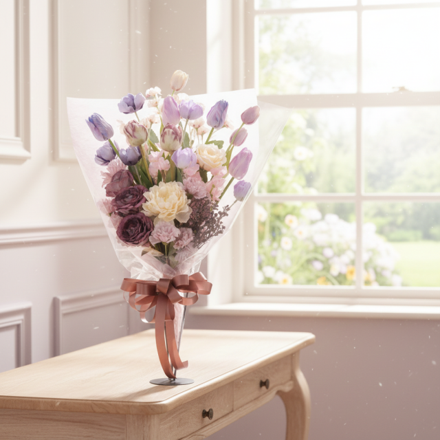 【一点もの】ラグジュアリーパステルブーケ 〜 チューリップと芍薬が彩る上質なアーティフィシャルフラワー 〜