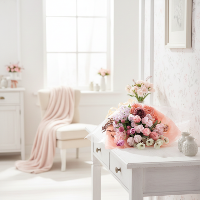 一点もの ラグジュアリーアーティフィシャルフラワー花束｜ピンクベージュの上品ブーケ（母の日・誕生日・記念日ギフト）