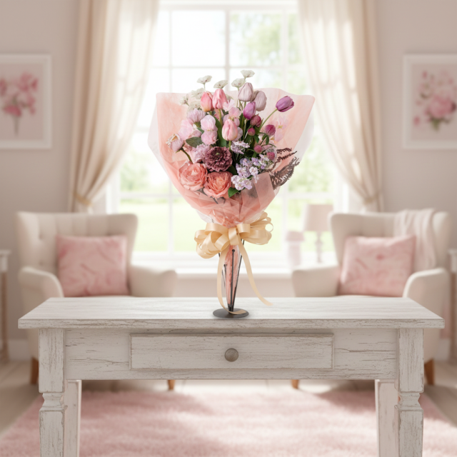 一点もの ラグジュアリーアーティフィシャルフラワー花束｜ピンクベージュの上品ブーケ（母の日・誕生日・記念日ギフト）