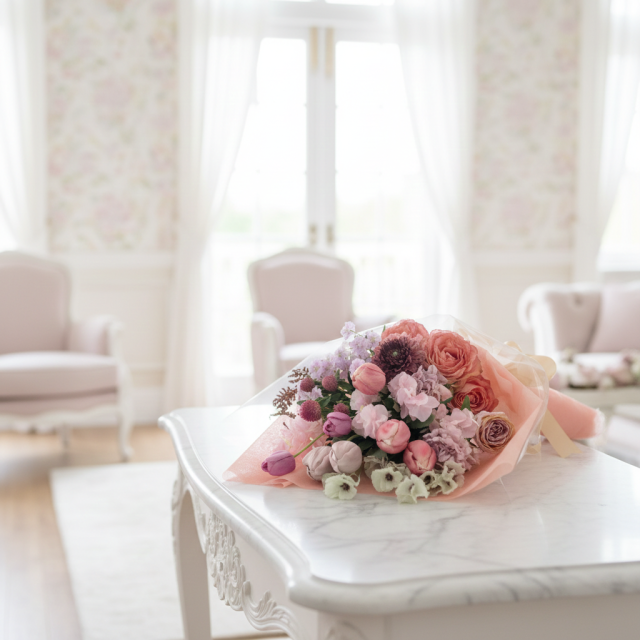 一点もの ラグジュアリーアーティフィシャルフラワー花束｜ピンクベージュの上品ブーケ（母の日・誕生日・記念日ギフト）