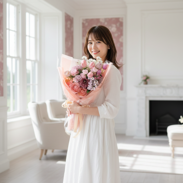 一点もの ラグジュアリーアーティフィシャルフラワー花束｜ピンクベージュの上品ブーケ（母の日・誕生日・記念日ギフト）