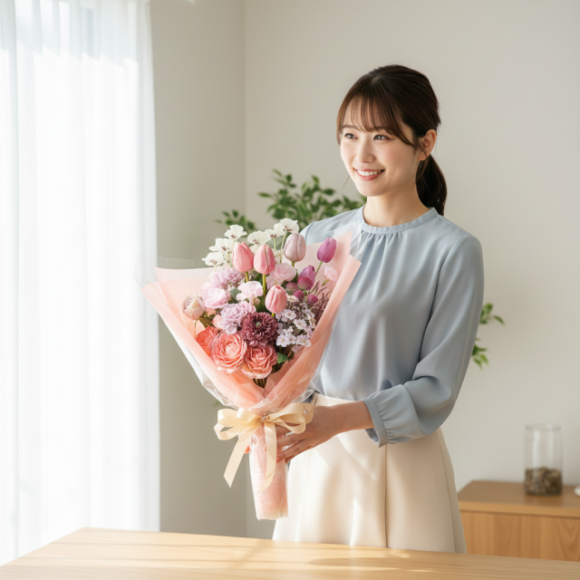 一点もの ラグジュアリーアーティフィシャルフラワー花束｜ピンクベージュの上品ブーケ（母の日・誕生日・記念日ギフト）