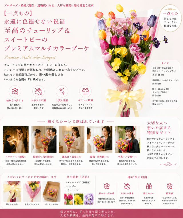【一点もの】永遠に色褪せない祝福|至高のチューリップ&スイートピーのプレミアムマルチカラーブーケ