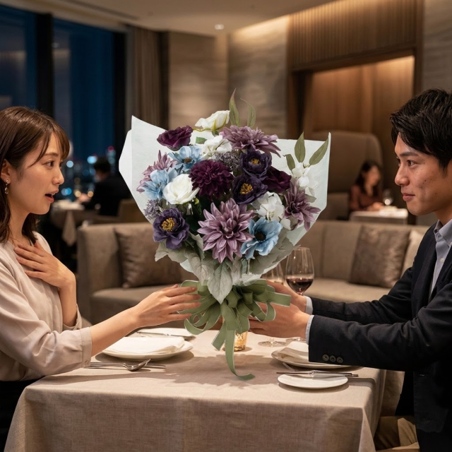 高級アーティフィシャルフラワーの花束|上品なパープル&ブルーブーケ(誕生日・記念日・お祝いの枯れない贈り物)