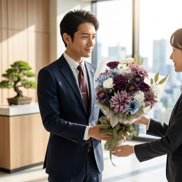 高級アーティフィシャルフラワーの花束|上品なパープル&ブルーブーケ(誕生日・記念日・お祝いの枯れない贈り物)