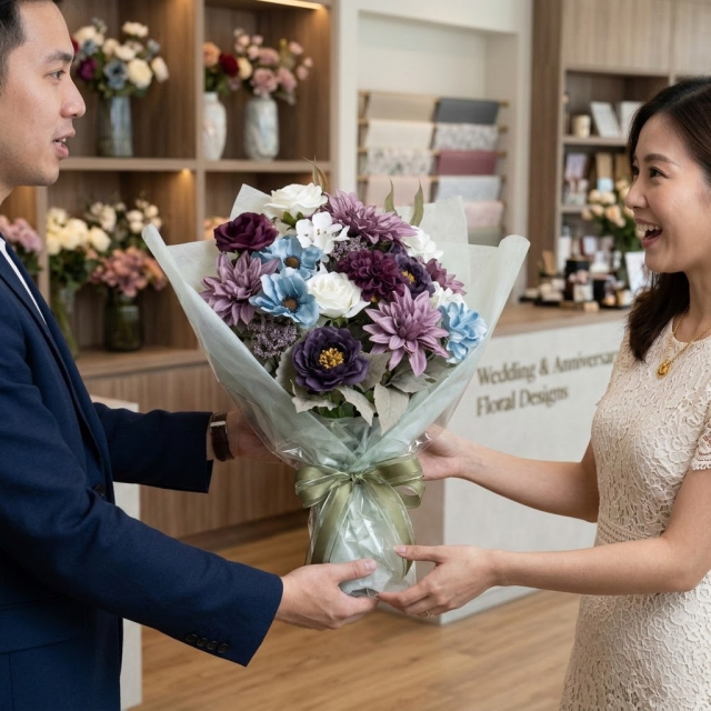 高級アーティフィシャルフラワーの花束|上品なパープル&ブルーブーケ(誕生日・記念日・お祝いの枯れない贈り物)