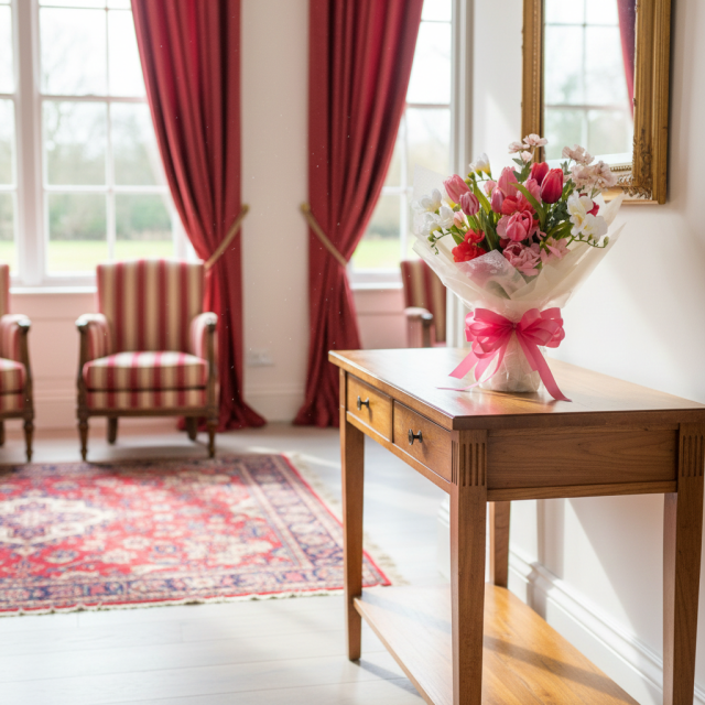 フリージア・スイートピー・パンジー使用 ピンク・赤系の華やかブーケ（母の日・誕生日・プロポーズ）