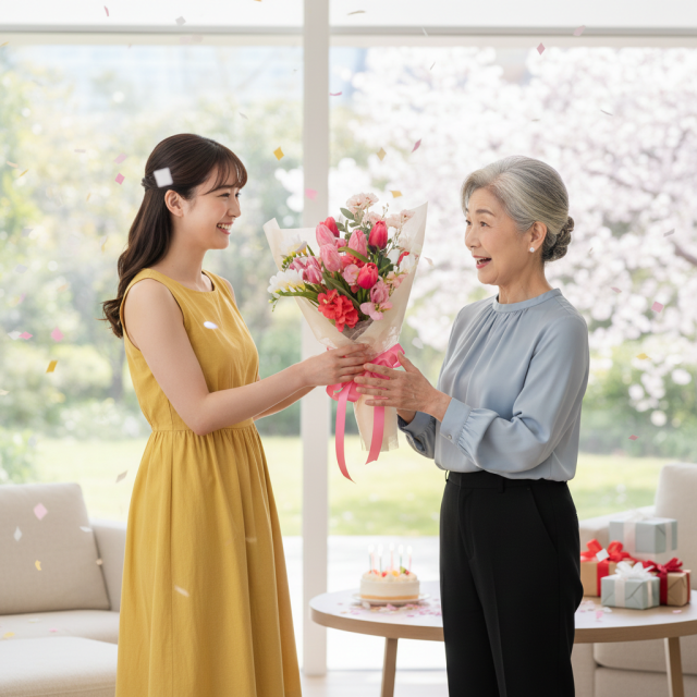 フリージア・スイートピー・パンジー使用 ピンク・赤系の華やかブーケ（母の日・誕生日・プロポーズ）