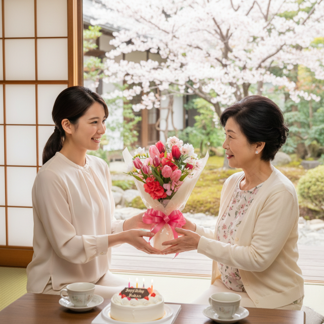 フリージア・スイートピー・パンジー使用 ピンク・赤系の華やかブーケ（母の日・誕生日・プロポーズ）