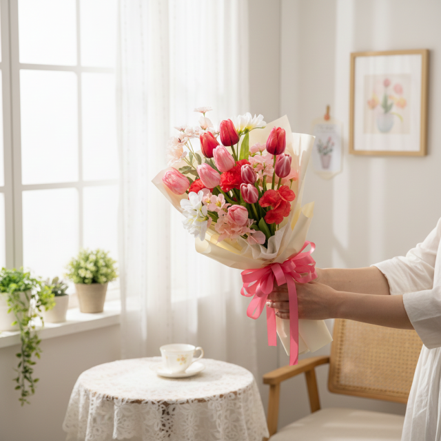 フリージア・スイートピー・パンジー使用 ピンク・赤系の華やかブーケ（母の日・誕生日・プロポーズ）