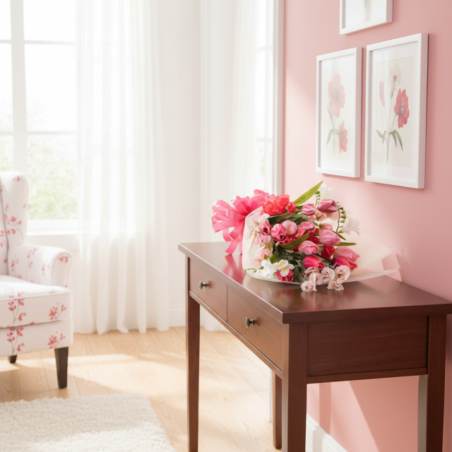 フリージア・スイートピー・パンジー使用 ピンク・赤系の華やかブーケ（母の日・誕生日・プロポーズ）