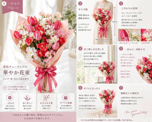 フリージア・スイートピー・パンジー使用 ピンク・赤系の華やかブーケ（母の日・誕生日・プロポーズ）