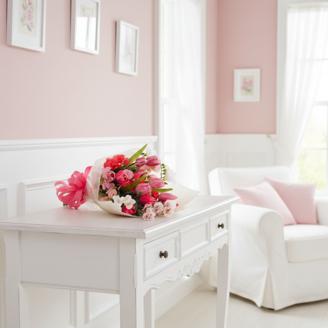 フリージア・スイートピー・パンジー使用 ピンク・赤系の華やかブーケ（母の日・誕生日・プロポーズ）