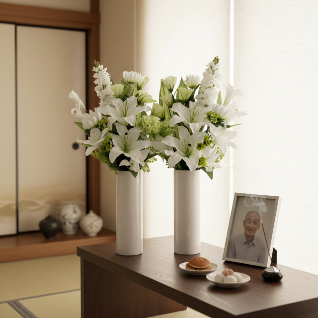 【造花の仏花・供花】カサブランカ&トルコキキョウ&ストックのモダン造花供花/2束セット(左右1対)