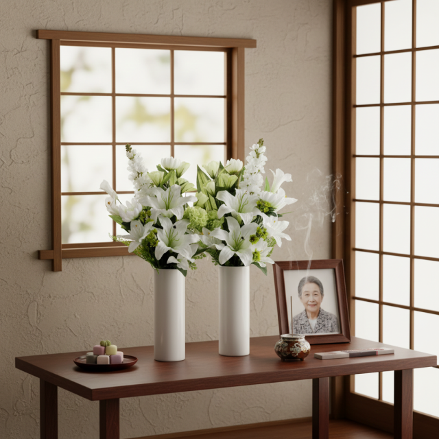 【造花の仏花・供花】カサブランカ&トルコキキョウ&ストックのモダン造花供花/2束セット(左右1対)