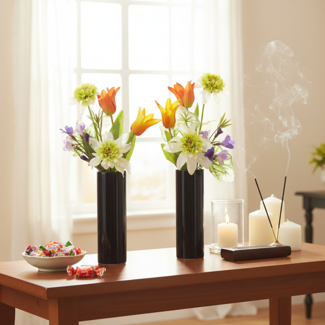 【お墓・仏壇用の造花・アーティフィシャルフラワー仏花 供花】フレンチマリーゴールド＆チューリップのミニ仏花セット（左右１対）