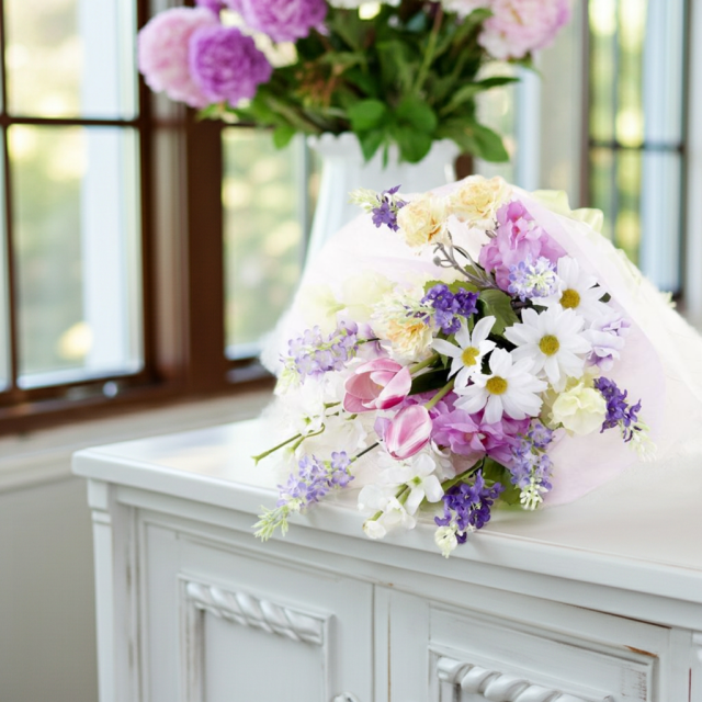 【贈答・贈呈用花束・造花花束・花束ギフト】スイートピーとチューリップのアーティフィシャルフラワーブーケ/パープルミックス