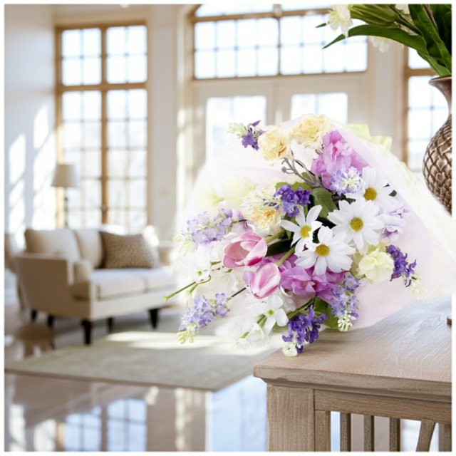 【贈答・贈呈用花束・造花花束・花束ギフト】スイートピーとチューリップのアーティフィシャルフラワーブーケ/パープルミックス