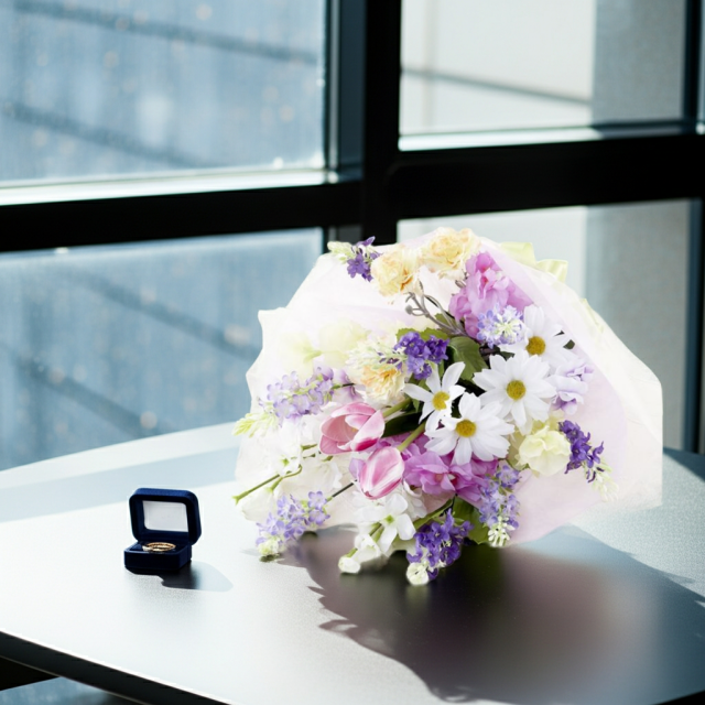 【贈答・贈呈用花束・造花花束・花束ギフト】スイートピーとチューリップのアーティフィシャルフラワーブーケ/パープルミックス