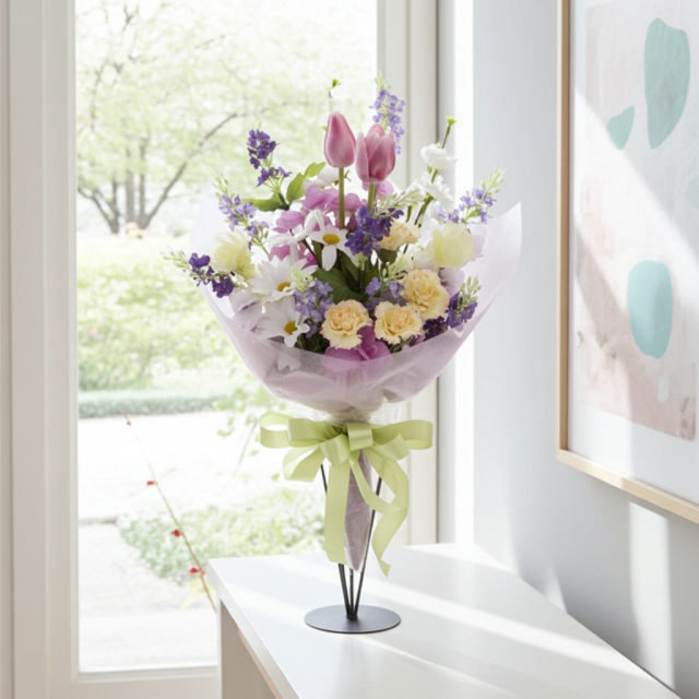 【贈答・贈呈用花束・造花花束・花束ギフト】スイートピーとチューリップのアーティフィシャルフラワーブーケ/パープルミックス