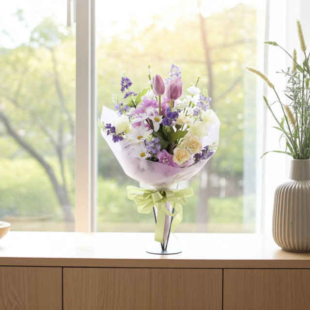 【贈答・贈呈用花束・造花花束・花束ギフト】スイートピーとチューリップのアーティフィシャルフラワーブーケ/パープルミックス