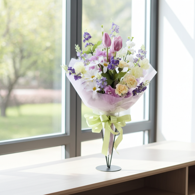 【贈答・贈呈用花束・造花花束・花束ギフト】スイートピーとチューリップのアーティフィシャルフラワーブーケ/パープルミックス