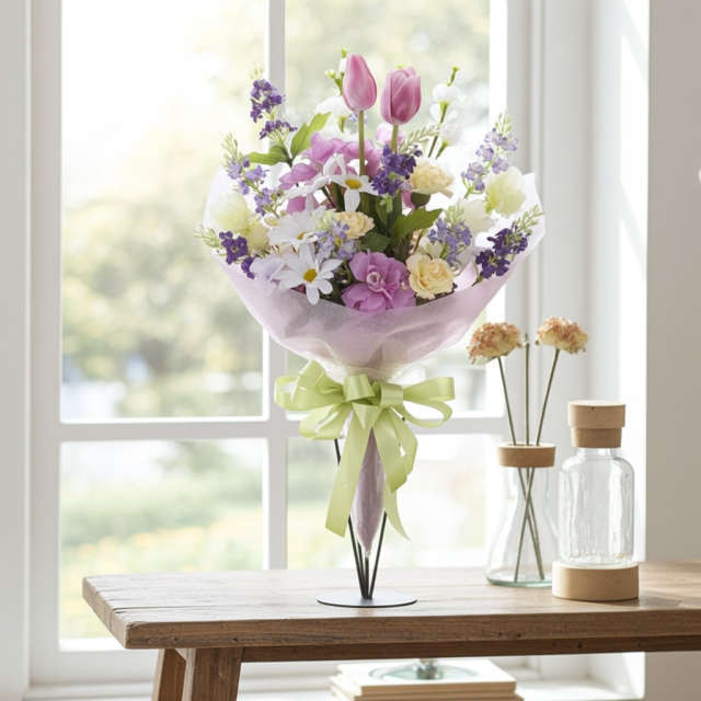 【贈答・贈呈用花束・造花花束・花束ギフト】スイートピーとチューリップのアーティフィシャルフラワーブーケ/パープルミックス