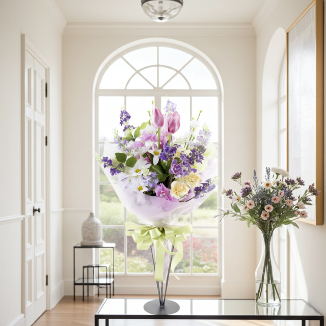 【贈答・贈呈用花束・造花花束・花束ギフト】スイートピーとチューリップのアーティフィシャルフラワーブーケ/パープルミックス