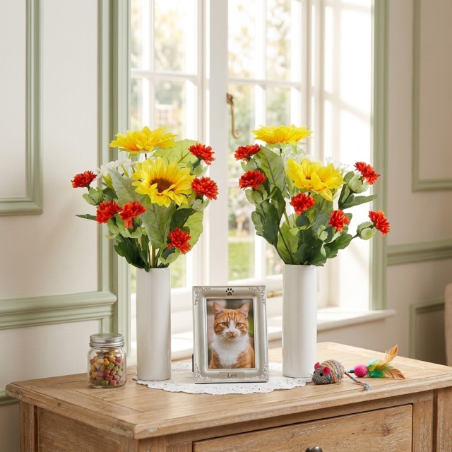 【お墓・仏壇用の造花 供花】向日葵と紅花のミニ仏花セット（左右１対）