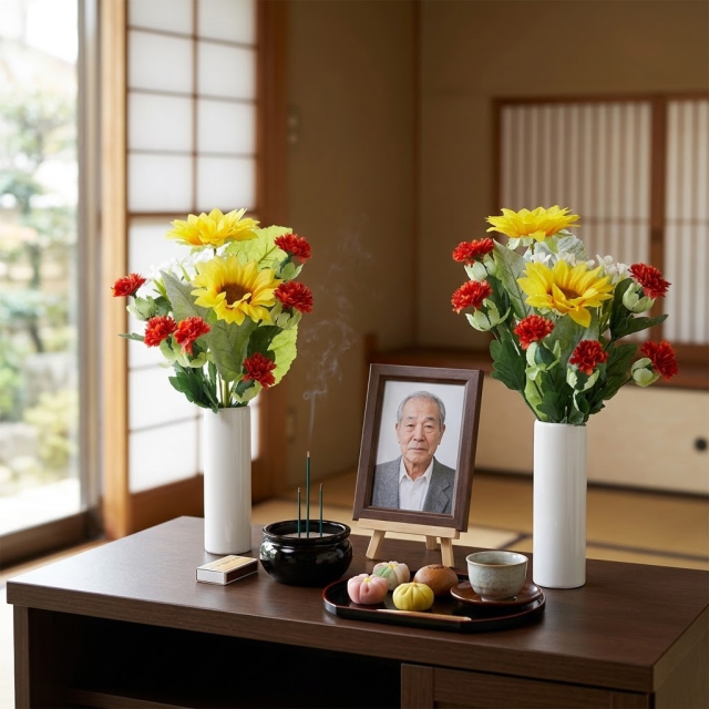 【お墓・仏壇用の造花 供花】向日葵と紅花のミニ仏花セット（左右１対）