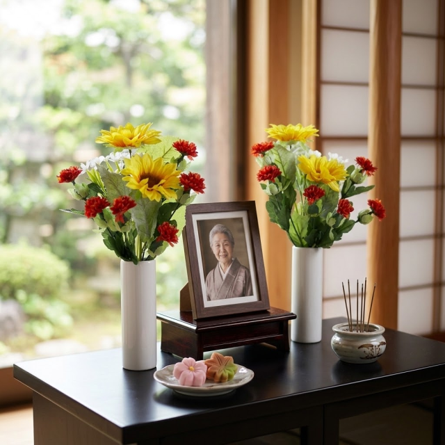 【お墓・仏壇用の造花 供花】向日葵と紅花のミニ仏花セット（左右１対）