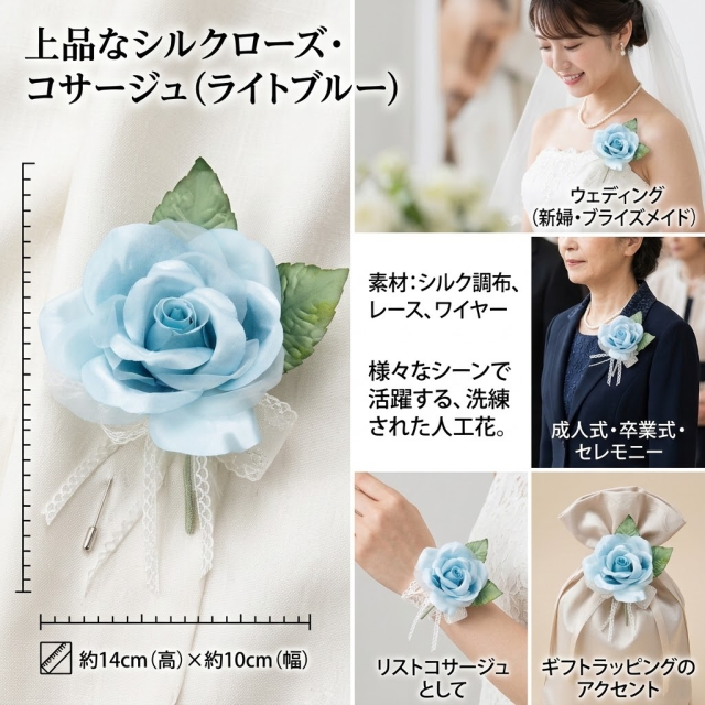 【コサージュ/アートフラワー・アーティフィシャルフラワー】プリンセスローズ(大)のコサージュ(ブルー)
