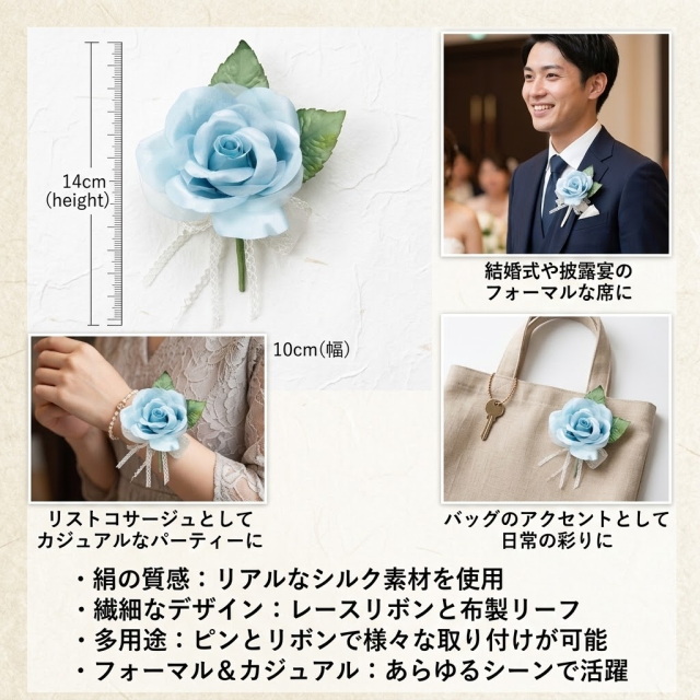 【コサージュ/アートフラワー・アーティフィシャルフラワー】プリンセスローズ(大)のコサージュ(ブルー)