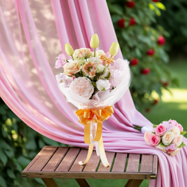 【贈答・贈呈用花束・造花花束・花束ギフト】スイートピーとチューリップのアーティフィシャルフラワーブーケ/アプリコットミックス