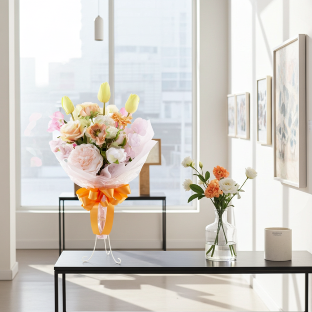 【贈答・贈呈用花束・造花花束・花束ギフト】スイートピーとチューリップのアーティフィシャルフラワーブーケ/アプリコットミックス