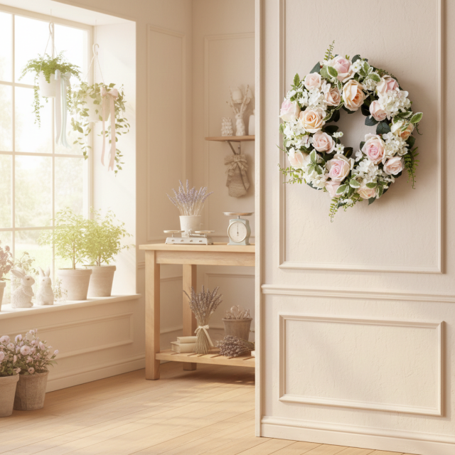 【造花・アーティフィシャルフラワーリース】ミックスフェミニンローズリース