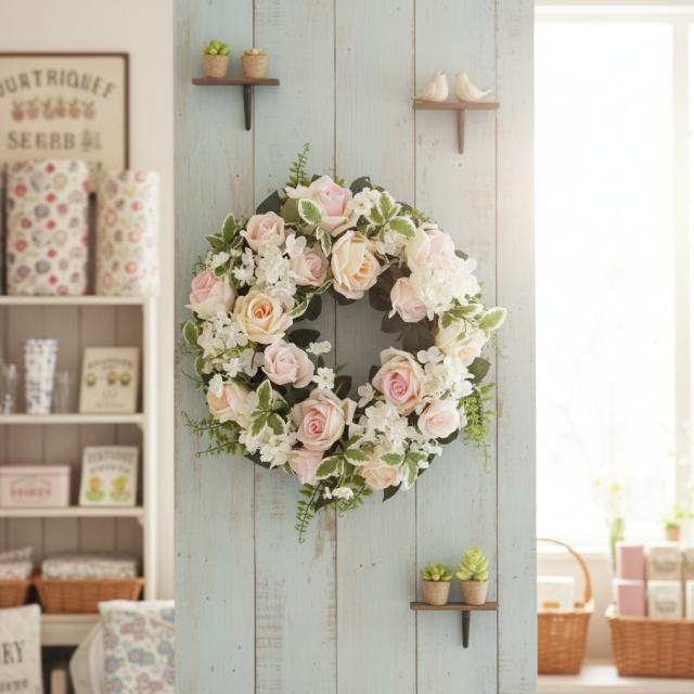 【造花・アーティフィシャルフラワーリース】ミックスフェミニンローズリース