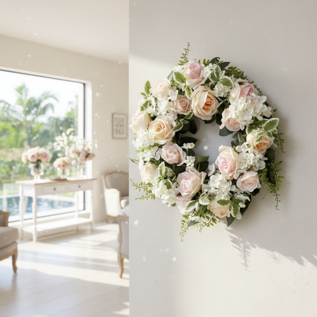【造花・アーティフィシャルフラワーリース】ミックスフェミニンローズリース