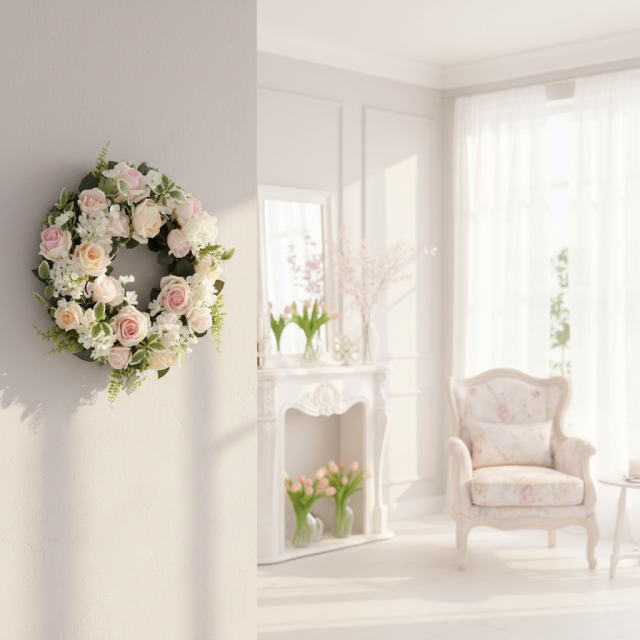 【造花・アーティフィシャルフラワーリース】ミックスフェミニンローズリース