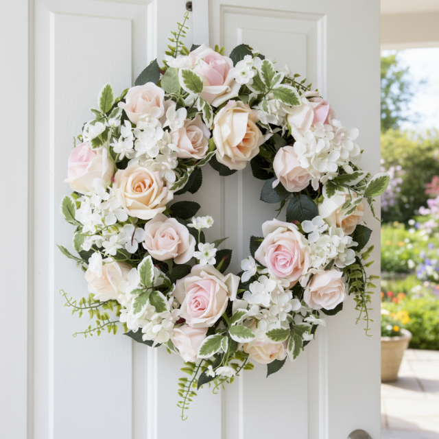 【造花・アーティフィシャルフラワーリース】ミックスフェミニンローズリース