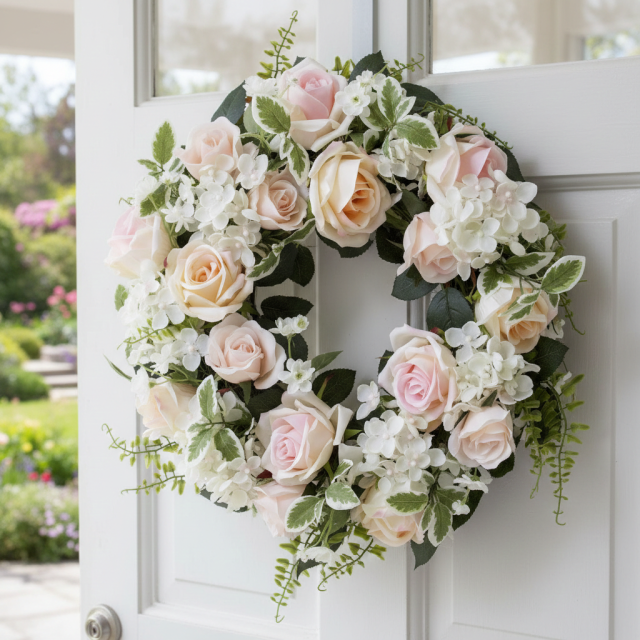 【造花・アーティフィシャルフラワーリース】ミックスフェミニンローズリース