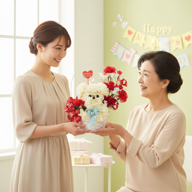 【母の日フラワーギフト・造花アレンジ・アーティフィシャルフラワーアレンジメント】プードルカーネーションデラックス（レッド）