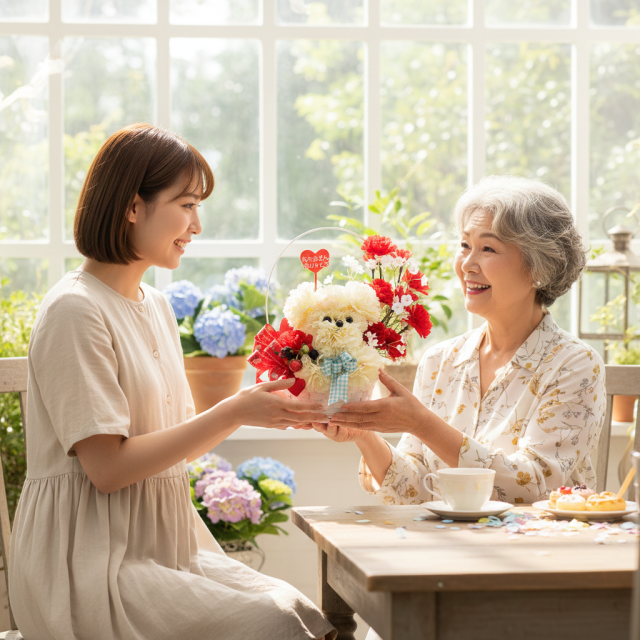 【母の日フラワーギフト・造花アレンジ・アーティフィシャルフラワーアレンジメント】プードルカーネーションデラックス（レッド）