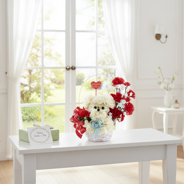 【母の日フラワーギフト・造花アレンジ・アーティフィシャルフラワーアレンジメント】プードルカーネーションデラックス（レッド）
